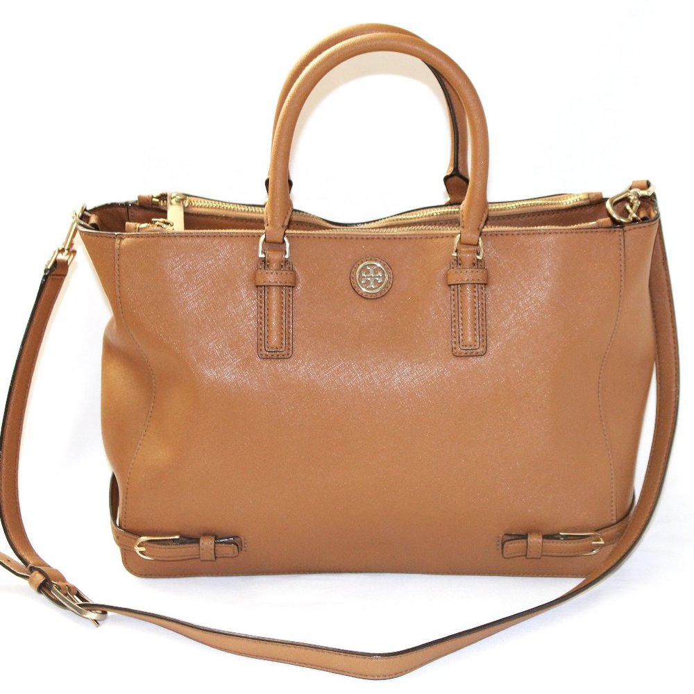 Tory Burch "Pre-Owned" Brown Saffiano Leather Double Zip Tote Crossbody Bag
